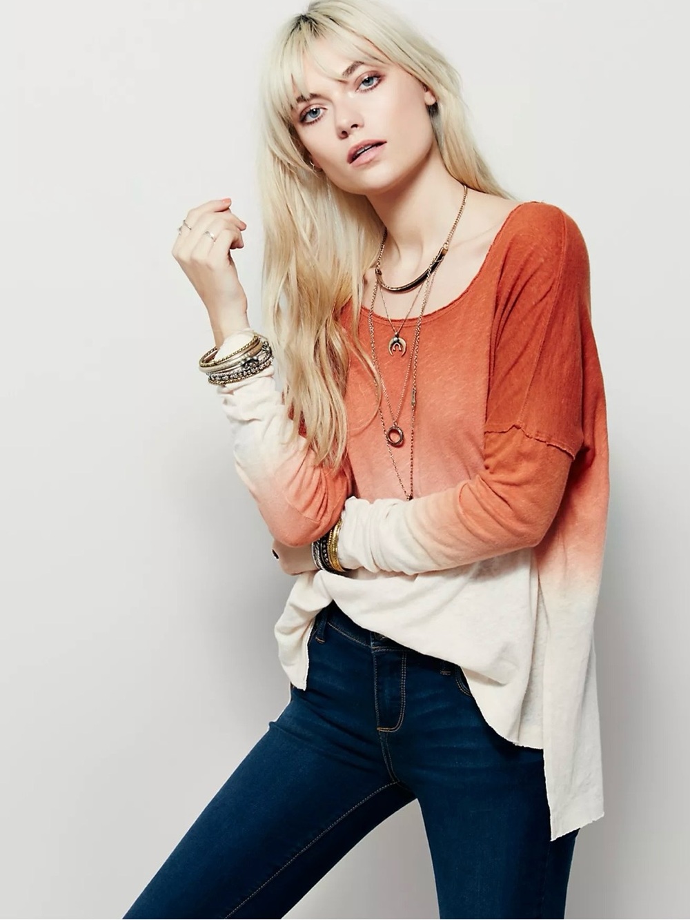 Free People We The Free Ombre Long Sleeve Top Rust Cream Linen Blend Boho Size L